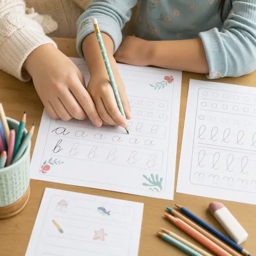 Adulto acompañando una práctica de caligrafía con actividades imprimibles